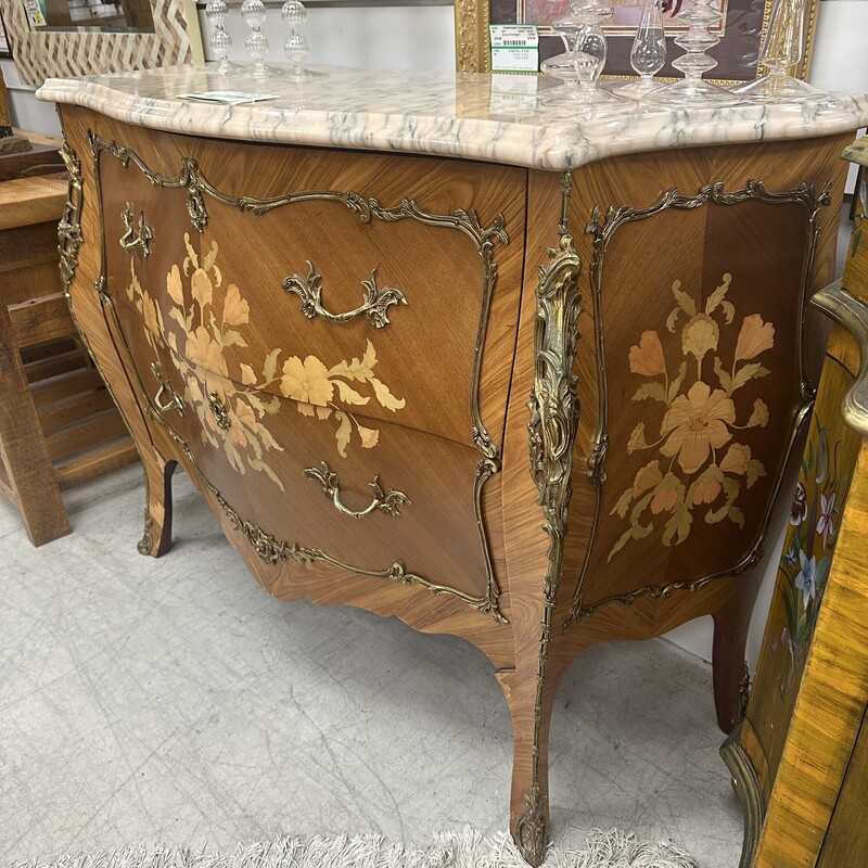 French Bombe 2-Drawer Chest, Pink Marble Top. HEAVY!
Size: 48x19x34