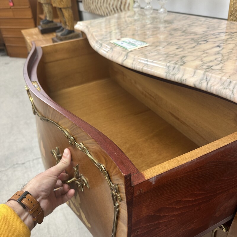 French Bombe 2-Drawer Chest, Pink Marble Top. HEAVY!<br />
Size: 48x19x34