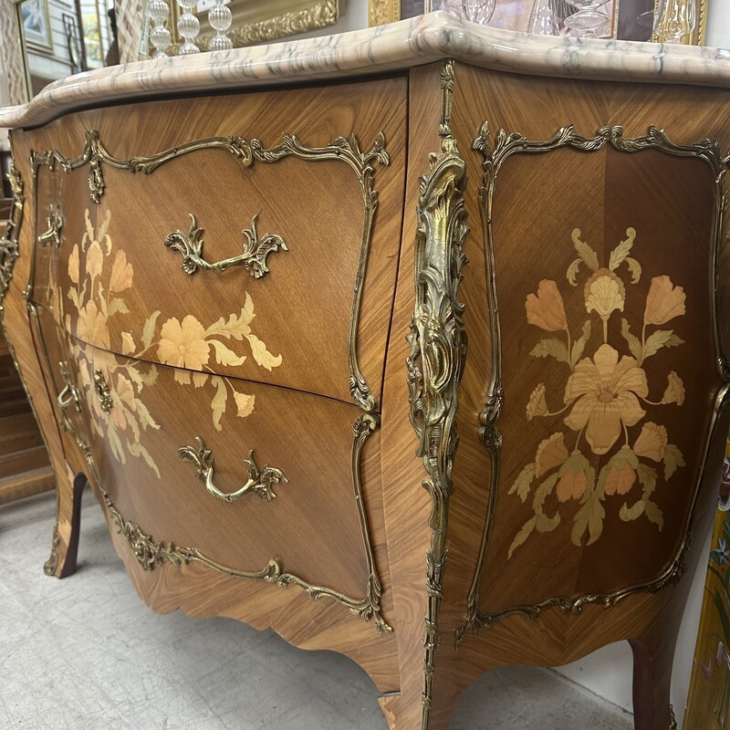 French Bombe 2-Drawer Chest, Pink Marble Top. HEAVY!
Size: 48x19x34