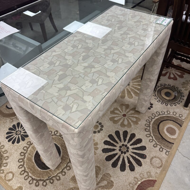 Chic Parsons Console, with Custom Made GlassTop. Upholstered in Knoll Fabric
Size: 36x17x34