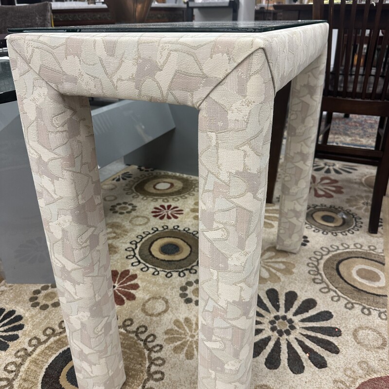 Chic Parsons Console, with Custom Made GlassTop. Upholstered in Knoll Fabric
Size: 36x17x34