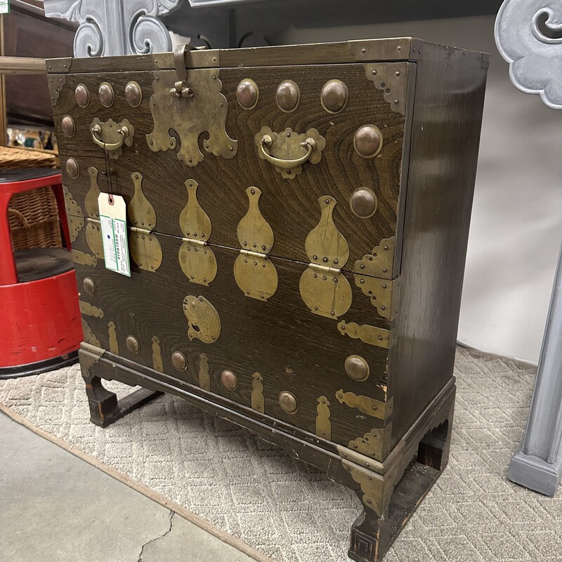 Antique Korean Wood Cabinet with Brass Accents,  No Key is Included.
Size: 22x10x25