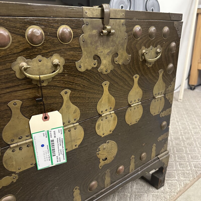 Antique Korean Wood Cabinet with Brass Accents,  No Key is Included.
Size: 22x10x25