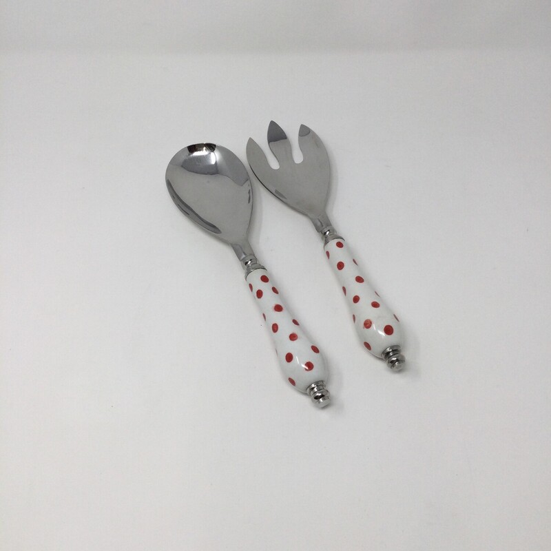 Pair Of Salad Servers, White/Red/Silver