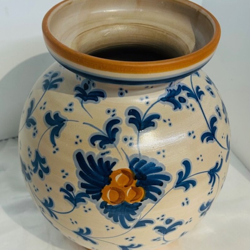 Italian Pottery Painted Leaf Scroll Vase
Tan Orange Blue
Size: 7 x 9H