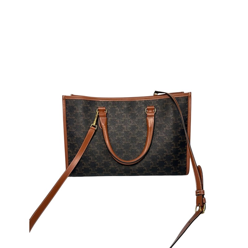 Celine Horizontal Triomphe Coated Canvas Mini Tote With Removable Strap<br />
<br />
Date Code:F-LM 1272<br />
<br />
Dimensions:<br />
14L  X  9H X 5W<br />
<br />
Excellent condition. Very minor scratches on hardware<br />
<br />
Does not come with the original dust bag or box.