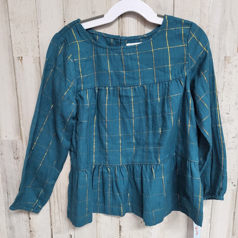 4/5 Teal Plaid Print Top, Teal, Size: Girl 4T