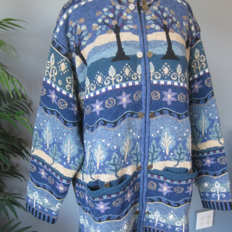 Gorgeous Icelandic Design winter sweater jacket
100% wool and lined so you can wear this outside on milder winter days.
Pretty blue winter landscape patterns with trees and snow falling.
Zip Front
metal decorative buttons
pockets
Size XL
flat measurements:
shoulder to shoulder : 21
armpit to armpit: 18.5
waist area: aprox 16
width at hem when zipped: 19
length: 24
underarm sleeve length: 17

like new condition, thanks for looking!
#80828