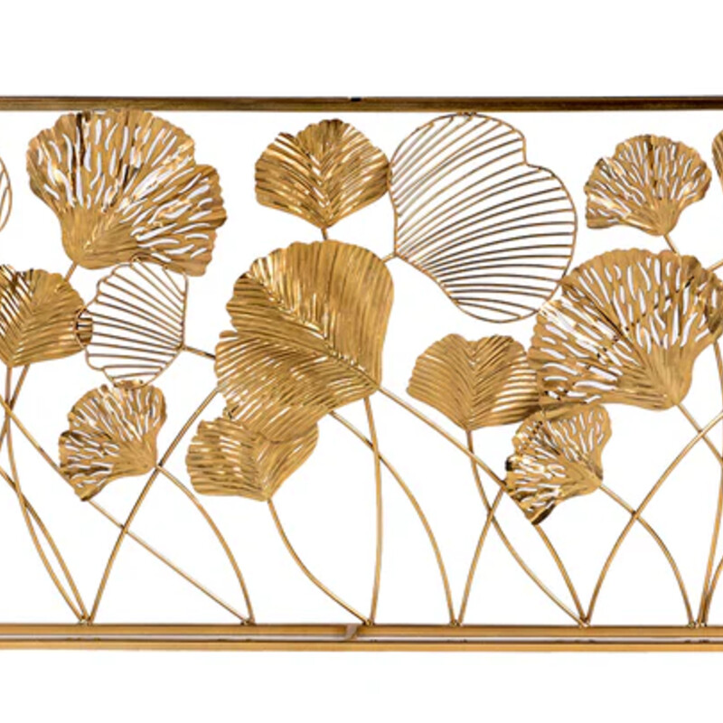 Gingko Metal Sculpture
Gold Metal
Size: 48x3x24H
This 3D Art reveals an abundance of open space between the overlapping and interconnected collection of ginkgo-inspired leaves that drift left and right throughout the frame. Some of the leaves are made more airy and light by the open, iron-wire construction. Others are solid, but textured. The gingko leaf has long inspired and is a symbol of longevity given the tree’s tendency for long life.
NEW