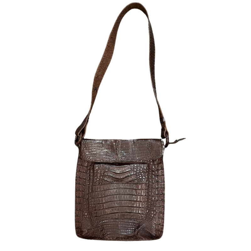 Rhonda Ochs Crocodile Crossbody Bag<br />
Snap Adjustable Shoulder Strap<br />
Dual Exterior Pockets<br />
Suede Lining & Single Interior Pocket<br />
Flap & Snap Closures at Top<br />
Dust Bag<br />
Color: Brown<br />
Estimated item measurements<br />
Shoulder Strap Drop: 20.75<br />
Height: 14.5<br />
Width: 12.5<br />
Depth: 0.75