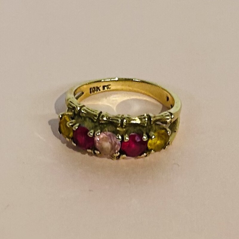 10K  5 Stone Ring
Red Pink Yellow Stones in Yellow Gold
Size: 6