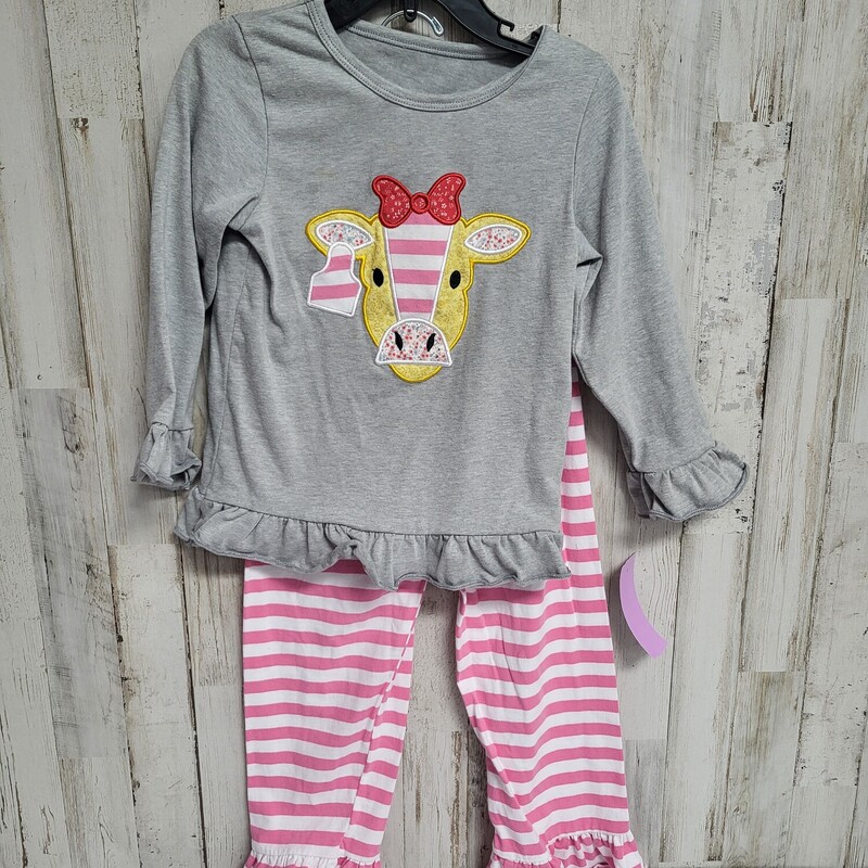 5 2pc Grey/Pink Cow Set, Grey, Size: Girl 5T