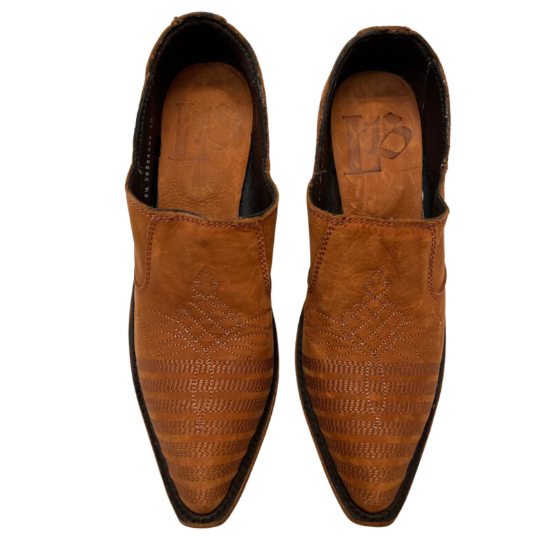 Liberty Black Barley Fields Booties<br />
Full-grain leather<br />
Zipper closure on interior<br />
Snip toe<br />
Leather lining<br />
Leather outsole<br />
2 1/2 western heel<br />
Color: Cognac<br />
Size: 8.5