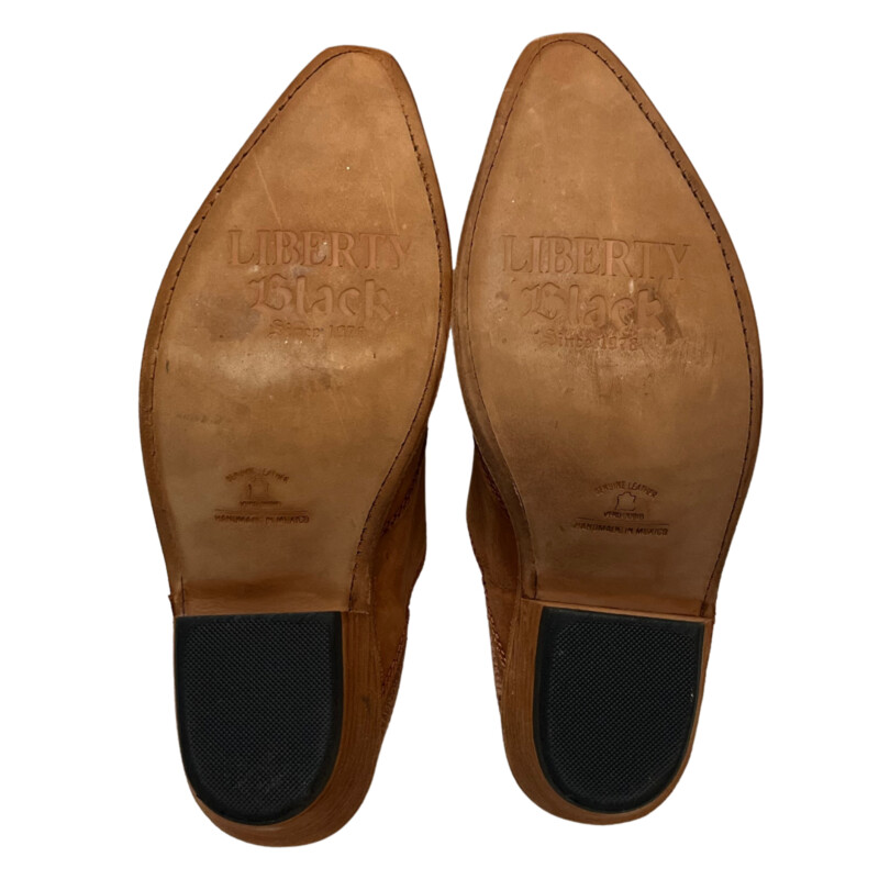 Liberty Black Barley Fields Booties<br />
Full-grain leather<br />
Zipper closure on interior<br />
Snip toe<br />
Leather lining<br />
Leather outsole<br />
2 1/2 western heel<br />
Color: Cognac<br />
Size: 8.5