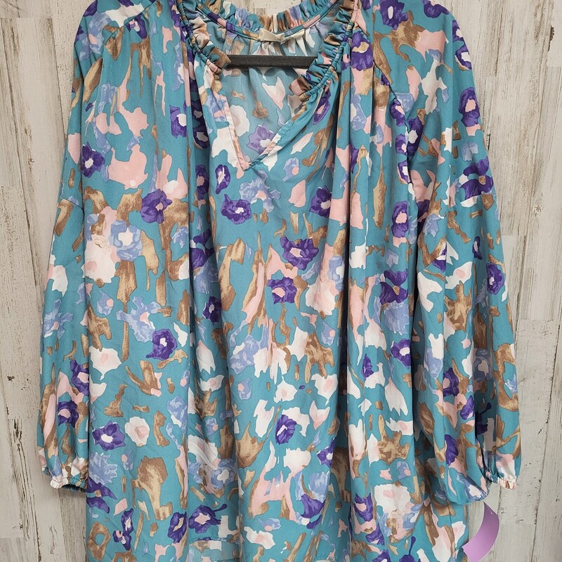 2X Teal Printed Blouse