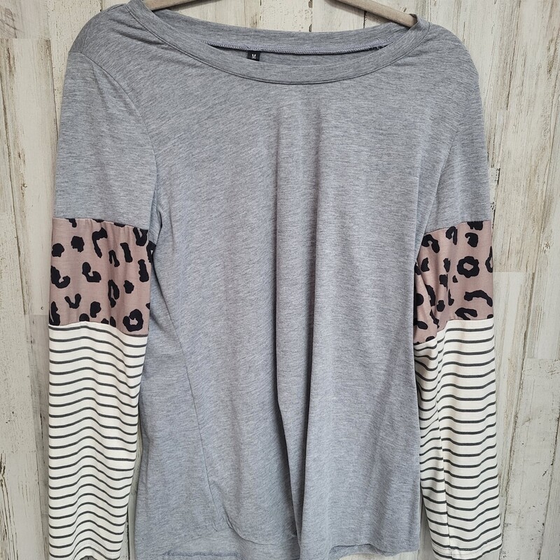 M Grey Leopard Sleeve Top, Grey, Size: Ladies M