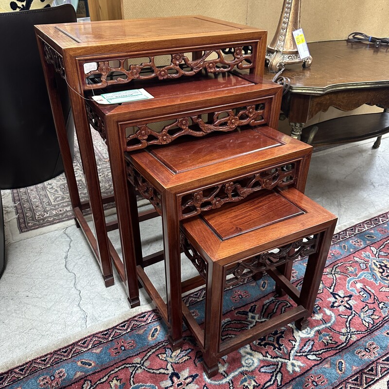 Nesting Carved Rosewood Tables, SET 4.<br />
Size: 20x14x26 (biggest table)