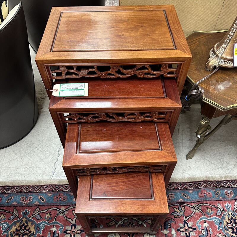 Nesting Carved Rosewood Tables, SET 4.<br />
Size: 20x14x26 (biggest table)