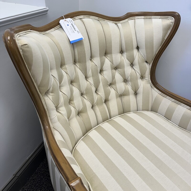 Upholstered Armchair, Cream Striped with Wood Frame