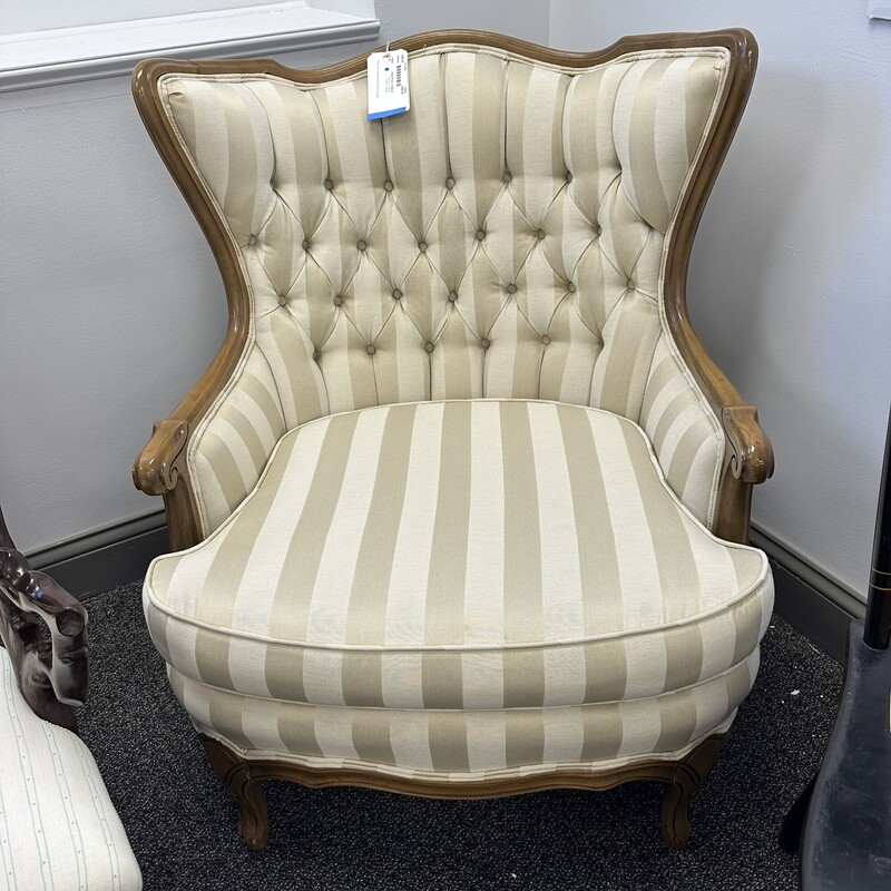 Upholstered Armchair, Cream Striped with Wood Frame