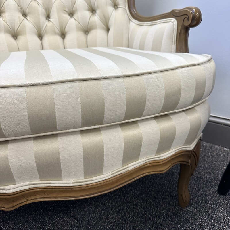 Upholstered Armchair, Cream Striped with Wood Frame