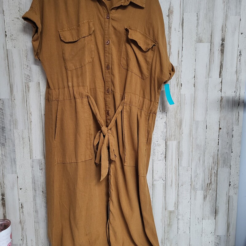 L Tan Button Up Tie Dress