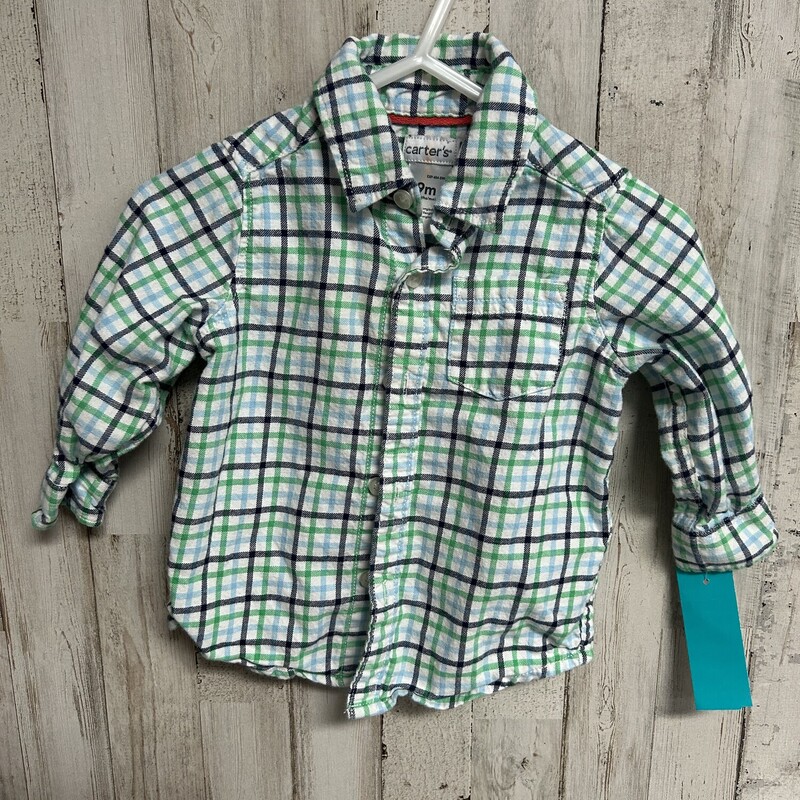 9M Green Plaid Button Up, Green, Size: Boy 0-9m