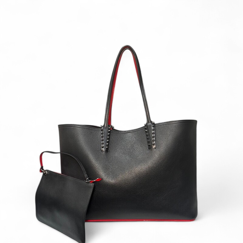 Louboutin Cabata Tote Black

Dimensions:
15W x 11 1/2H x 5D. (Interior capacity: large.)
8 1/2 strap drop.
Pouch: 8 1/2W x 6 1/2H x 1/4D.
2.5 lb.

In very god condition. Light wear throughout the bag.

Comes with original dust bag. No box.