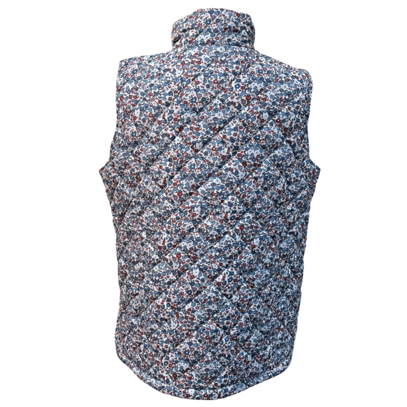 Lands End Quilted Vest<br />
Floral Pattern<br />
Zipper Closure<br />
Colors: Blues and Burgandy<br />
Size: Large