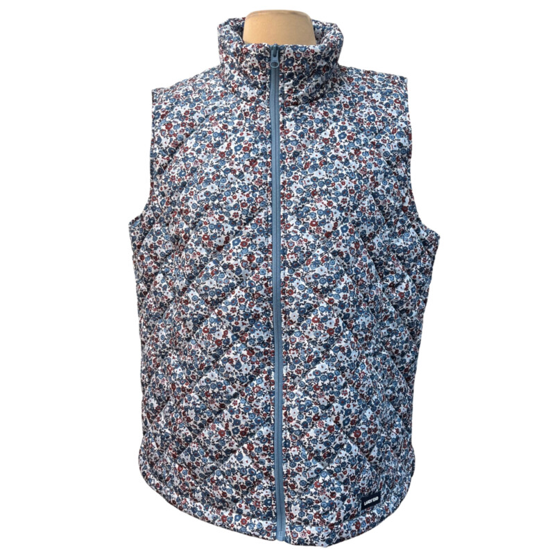 Lands End Quilted Vest<br />
Floral Pattern<br />
Zipper Closure<br />
Colors: Blues and Burgandy<br />
Size: Large