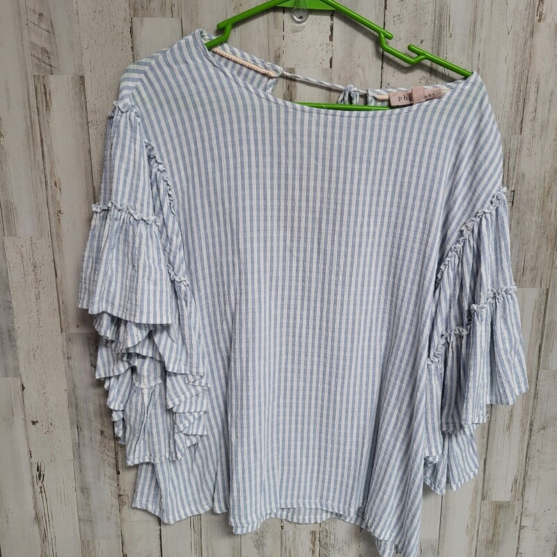 L Blue Stripe Ruffled Top