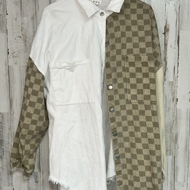 S Checkered Denim Shacket, Beige, Size: Ladies S