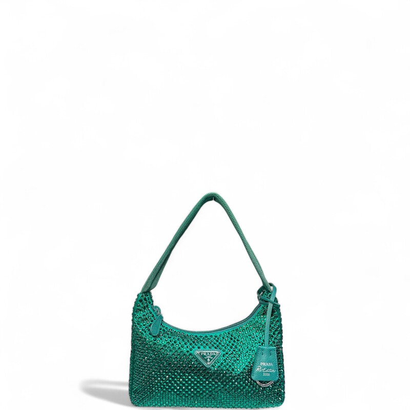 Prada Re-Edition 2000 Hobo Crystal Embellished Satin Mini Green

Manufacturing Code:
103

Dimensions:
Height: 17cm
Width: 22cm
Length: 6cm

In excellent condition.

Comes with original dust bag. No box.