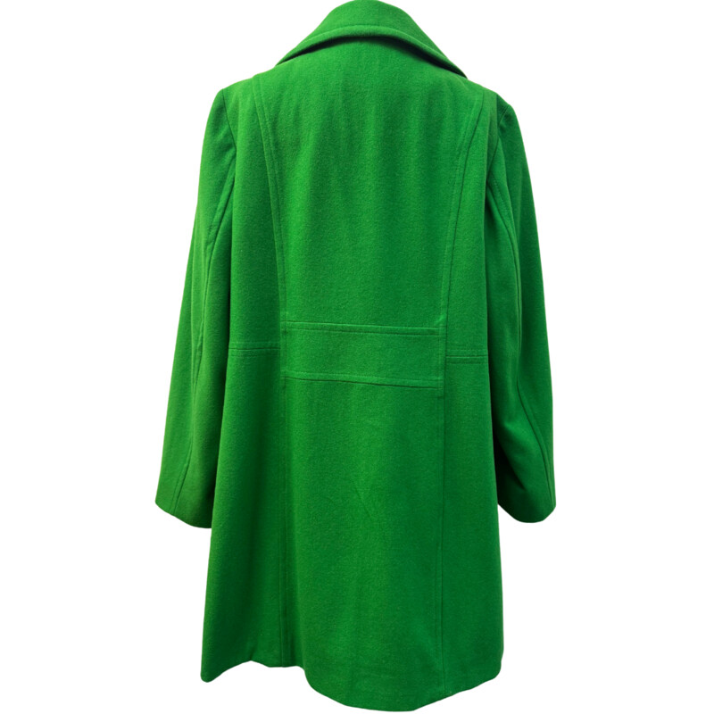 Anne Klein Wool Blend Coat<br />
Double Breasted<br />
Button Closure<br />
Color:  Kelly Green<br />
Size: 1X