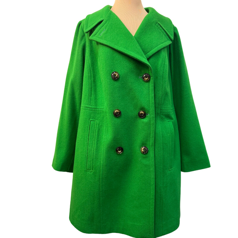 Anne Klein Wool Blend Coat<br />
Double Breasted<br />
Button Closure<br />
Color:  Kelly Green<br />
Size: 1X