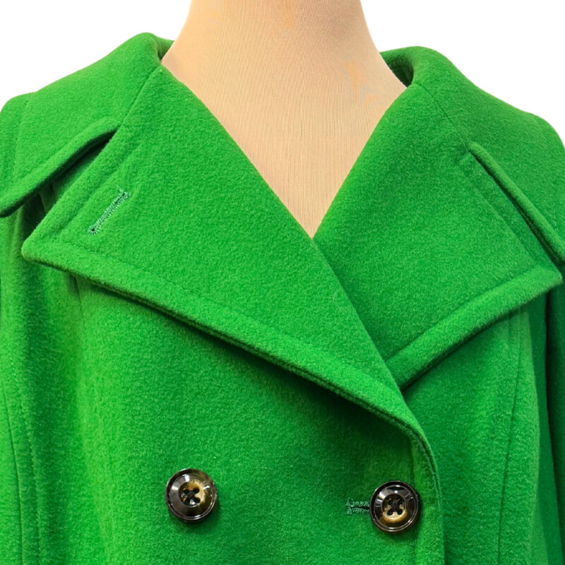 Anne Klein Wool Blend Coat<br />
Double Breasted<br />
Button Closure<br />
Color:  Kelly Green<br />
Size: 1X