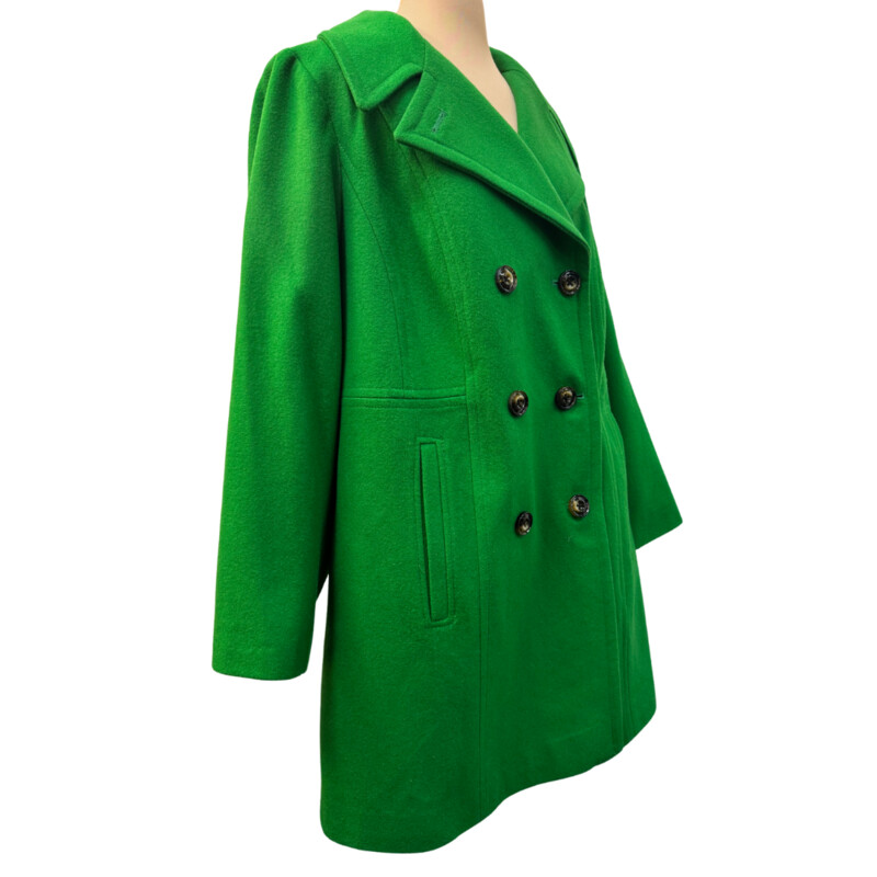 Anne Klein Wool Blend Coat<br />
Double Breasted<br />
Button Closure<br />
Color:  Kelly Green<br />
Size: 1X