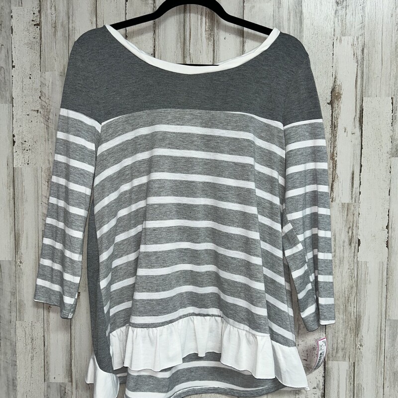 M Grey Striped Ruffle Top