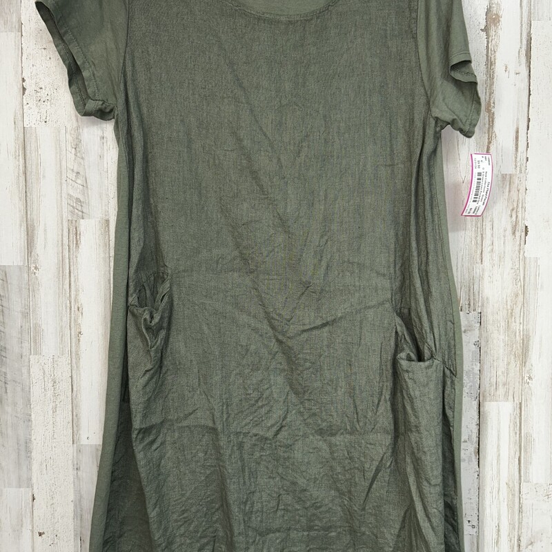 S Green Linen Pocket Dres