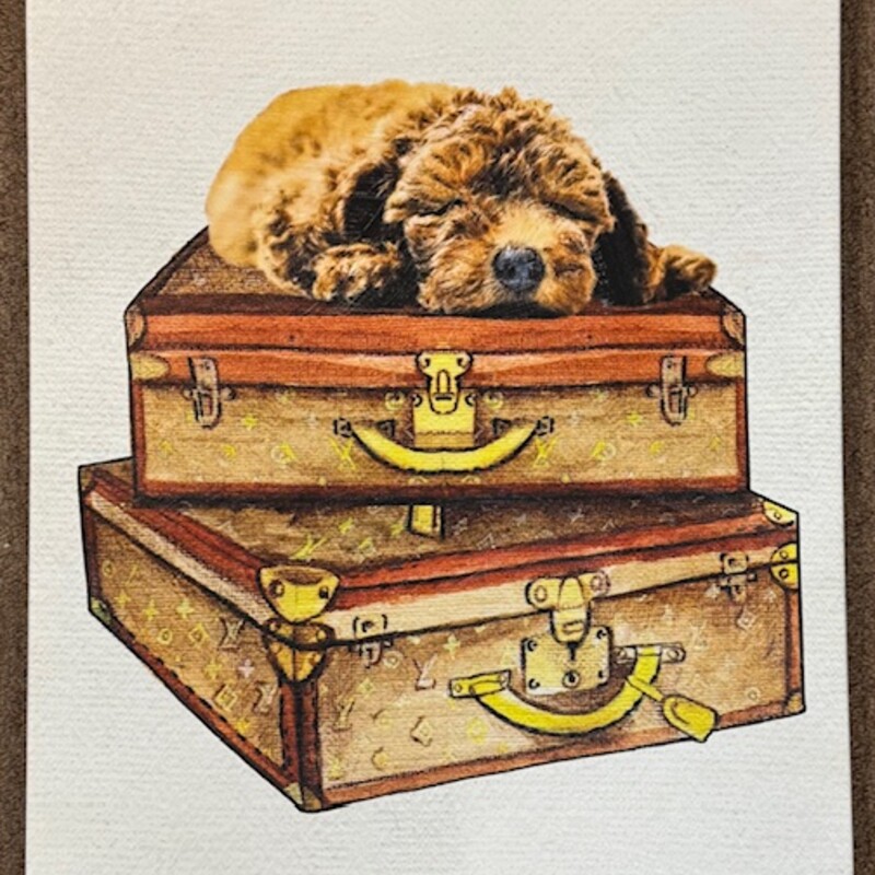 Puppy On Louis Luggage Canvas
Brown Gold
Size: 16x20H