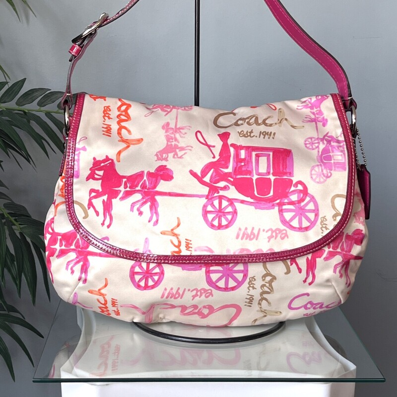 Coach Carriage Saddle, Pink, Size: None
Coach Satchel from Y2K era
Pink carriage print on waxed canvas with pink patent leather trim
It  closes with a large flap and a top zipper
Inside it has two slip pockets and one zippered pocket

17 x 11.5 x aprox. 3.5
Handle drop: 7.5 as shown and you can adjust it a little shorter if you like.
Excellent condition, No flaws!
thanks for for looking!
#842420