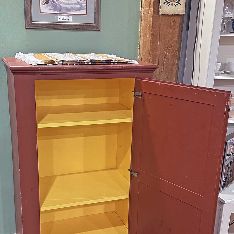 Barn Red Jelly Cabinet with Yellow Interior<br />
Three Adjustable Shelves<br />
28.5 In Wide x 17.5 In Deep x 48 in Tall.