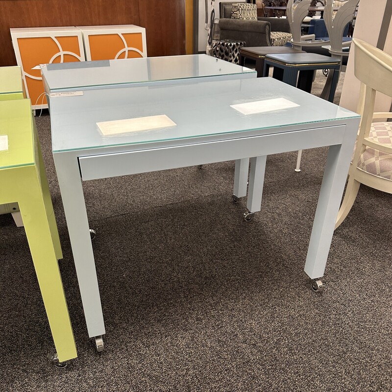 Lacquered Desk +Glass Top, Light Blue with One Drawer. No chair is included.<br />
Size: 38x24x30