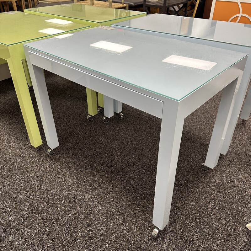 Lacquered Desk +Glass Top, Light Blue with One Drawer. No chair is included.
Size: 38x24x30