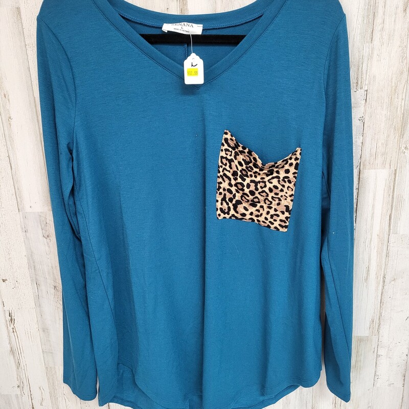 L Teal Leopard Pocket Top