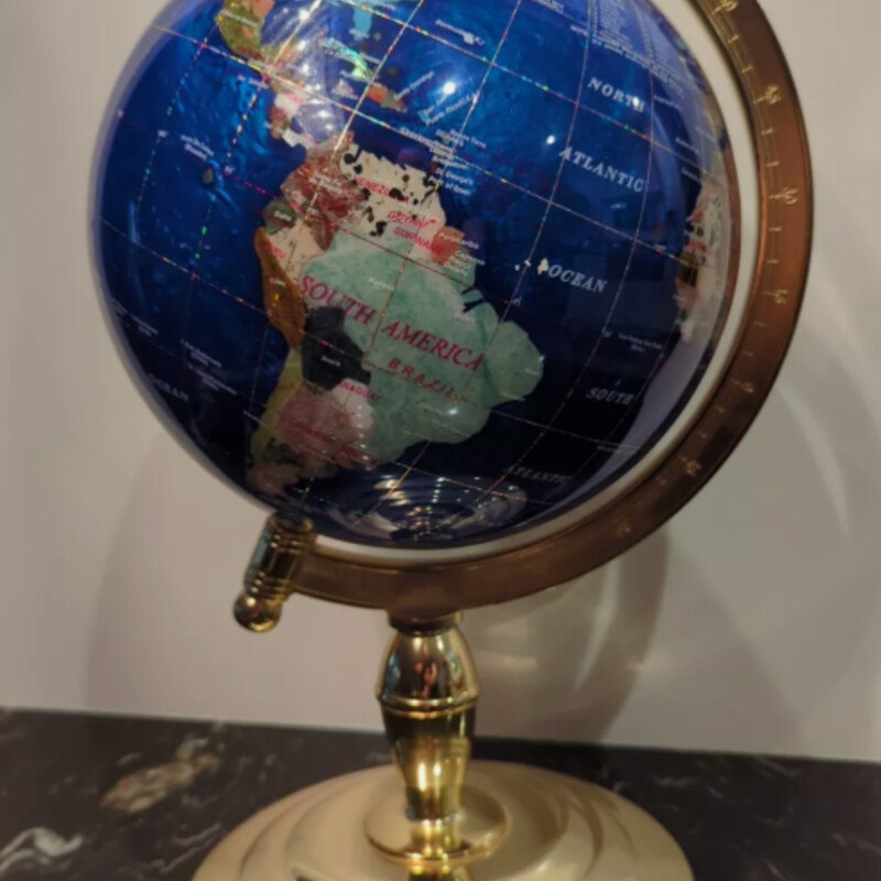 Inlaid Gemstone World Globe
Blue Gemstones on Gold Brass Accents
Size: 10x16H