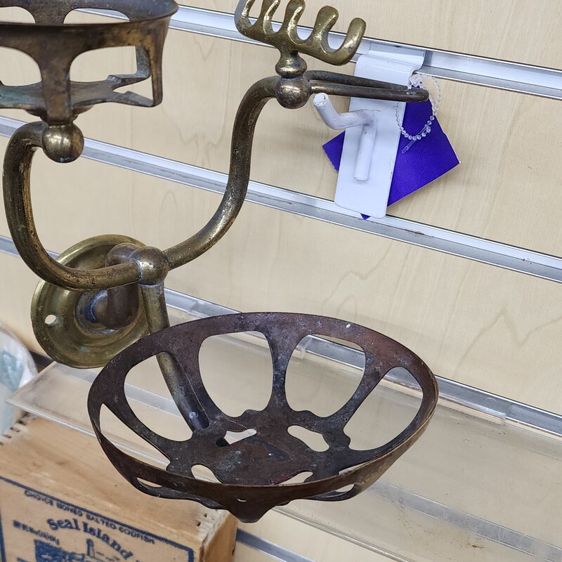 Vtg Wall Mount Soap, Cup & Toothbrush Holder, Brass, Bathroom