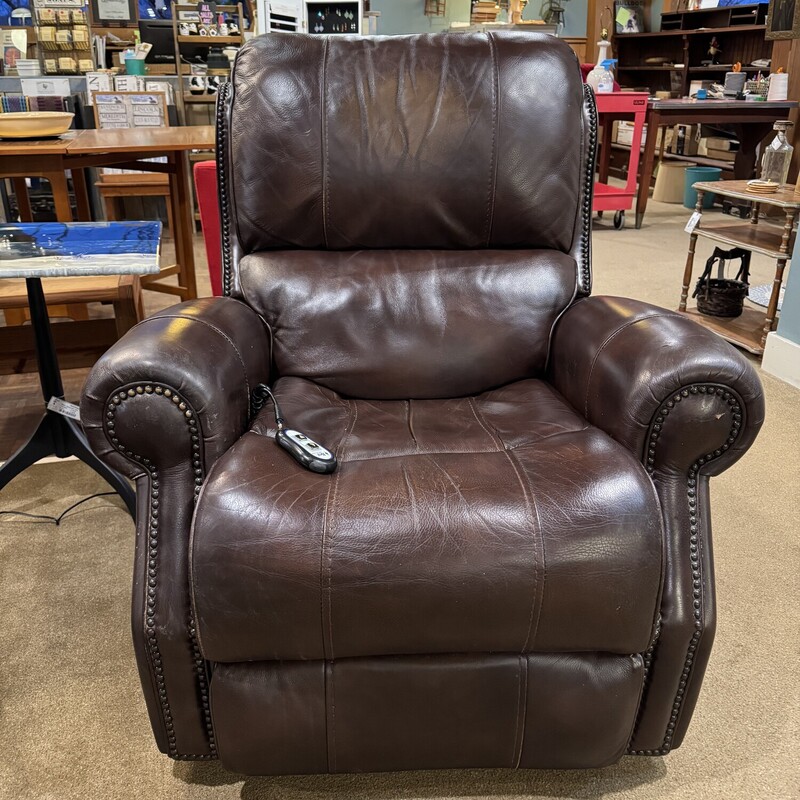 Power Leather Recliner
Nail Head Trim
Brown Leather
37 Inches Wide, 42 Inches Deep, 41 Inches High