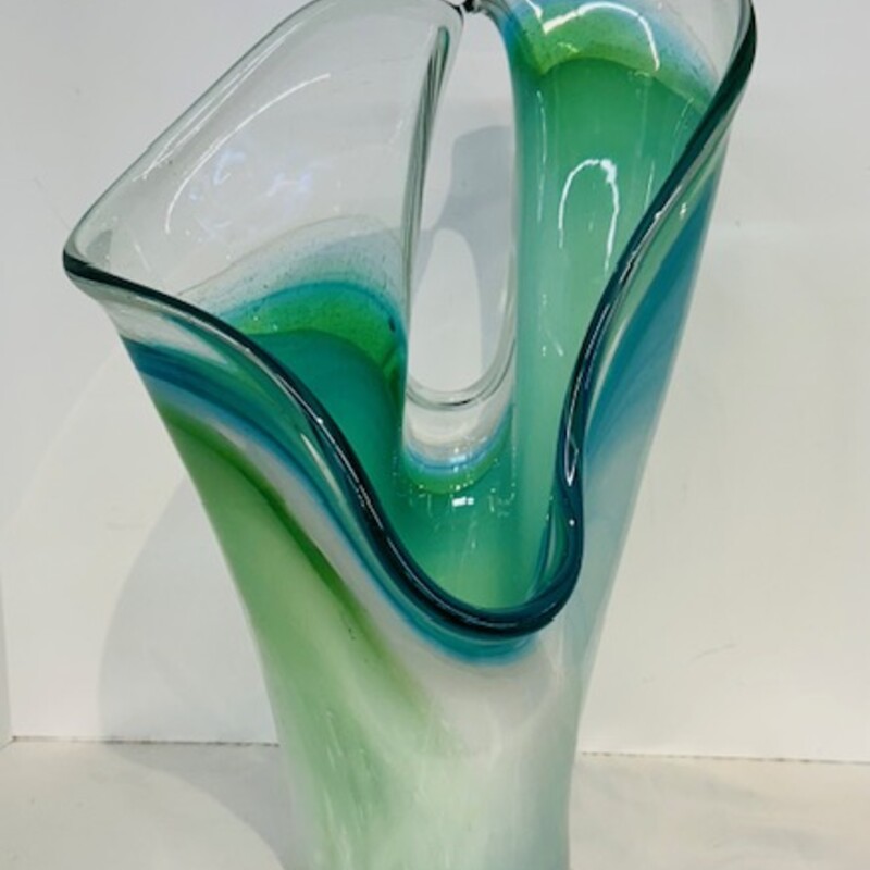 Wavy Abstract Glass Vase
Blue, Green, White
 Size: 10x17H