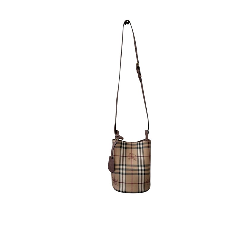 Burberry Haymarket Check Bucket Elderberry<br />
<br />
Dimensions: 9 H x  7L<br />
<br />
In very good  condition. Some interior pen marks.<br />
<br />
Does not come with original dust bag or box